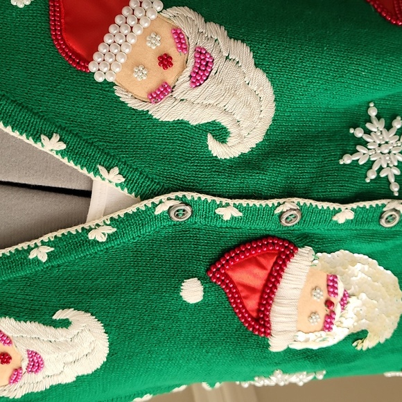 Vintage Santa Christmas Sweater Green and White Size Large Ugly - Picture 7 of 8